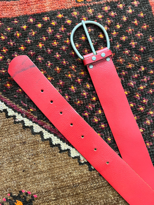 VTG 70's/80's Red Leather Big Buckle Belt 10-14