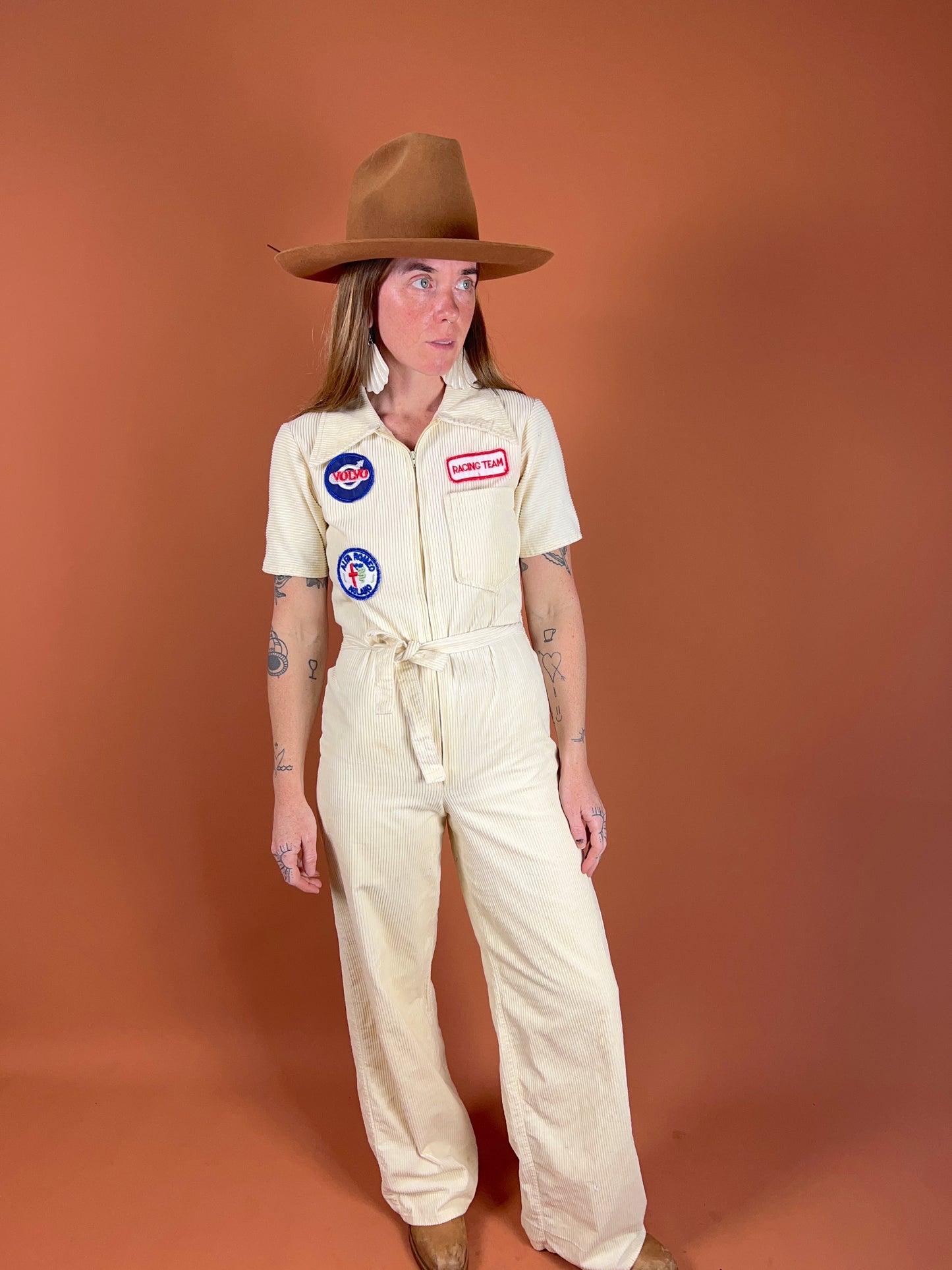 VINTAGE 70's Mobil Cream Cord Cotton Coveralls 6-8