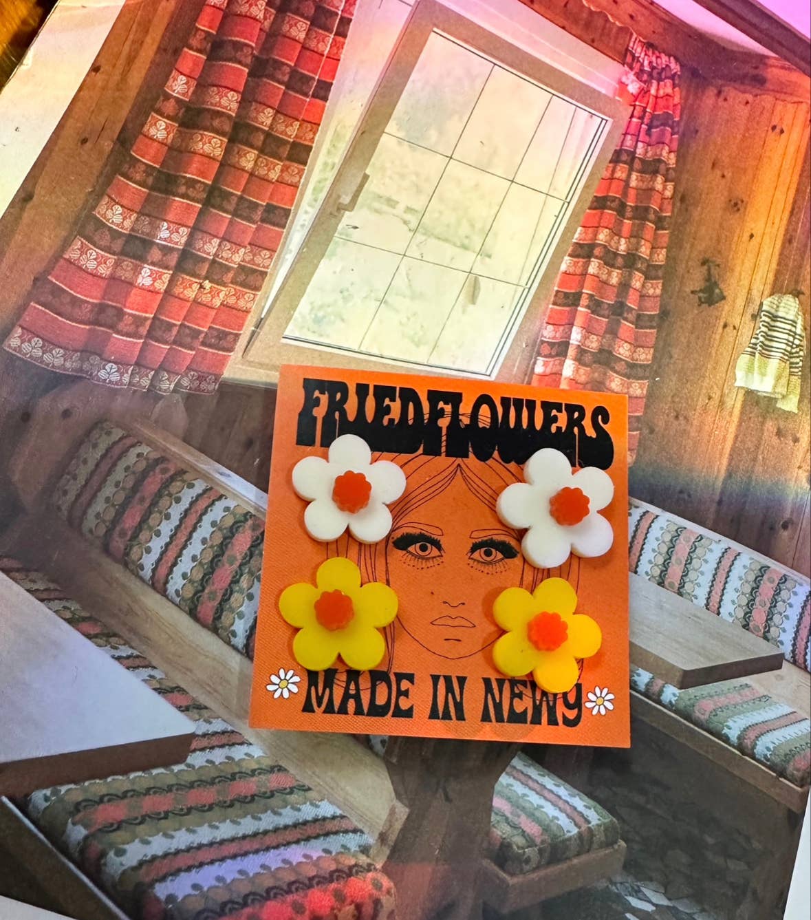 FRIED FLOWERS Groovy Orange sunshine 2 pair Flower Stud earrings