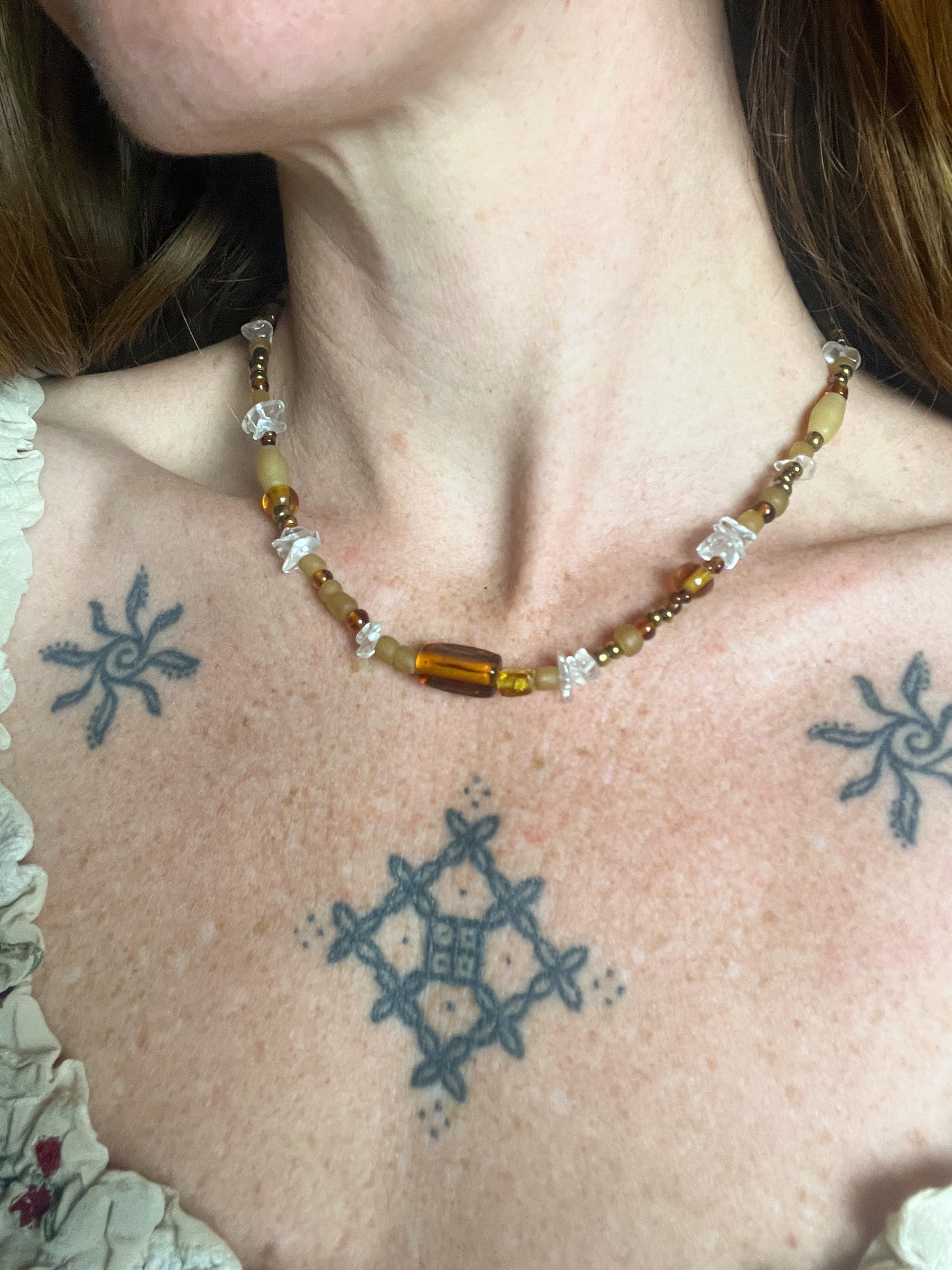 BEADED SUNRAYS Clear Quartz, Recycled Glass Bead Necklace 17”