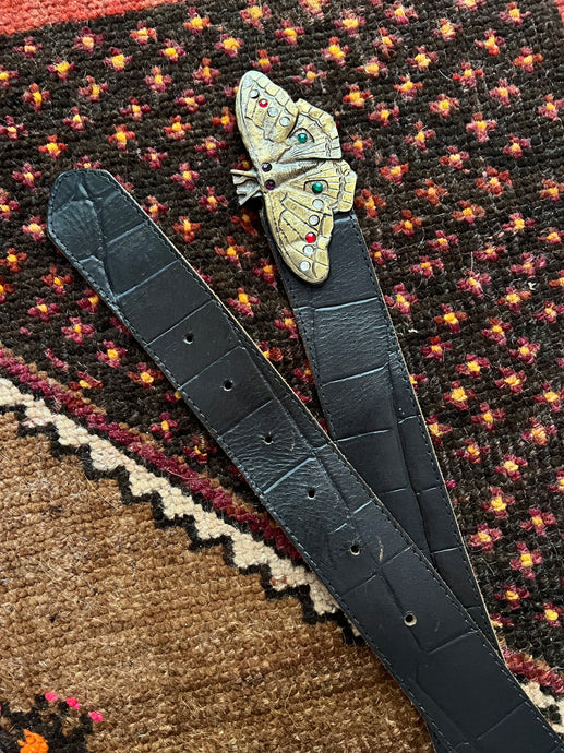 VTG 70's Butterfly Gem Black Leather Belt 10-14