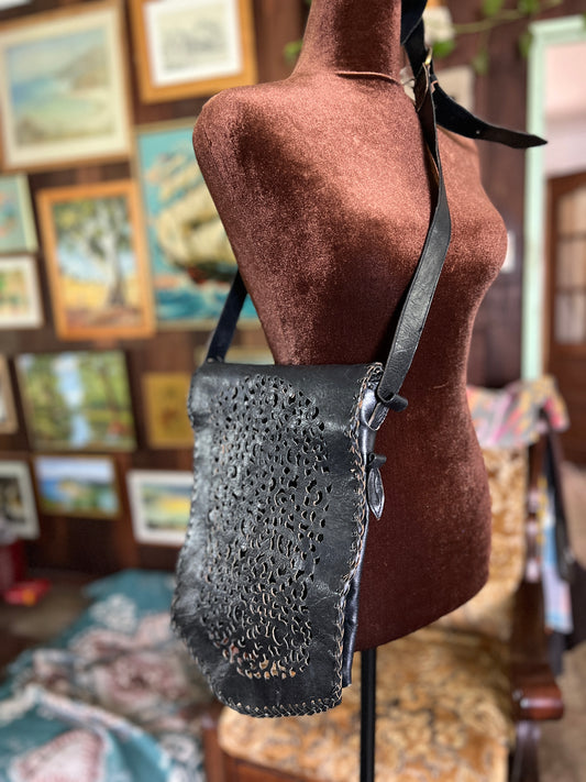 VINTAGE 90's Leather Cut Out Black Satchel Bag