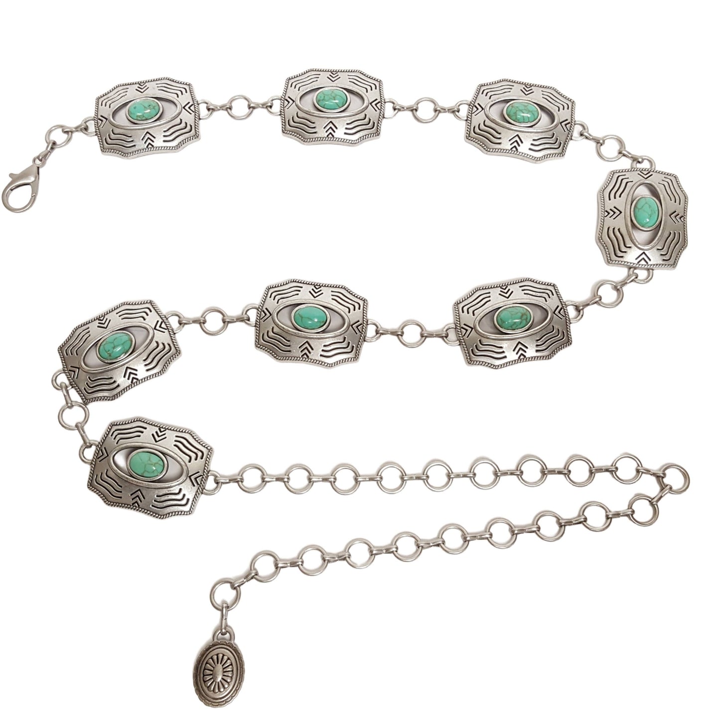 AXESORIA WEST Western Silver Rectangular Concho Chain Belt Turquoise