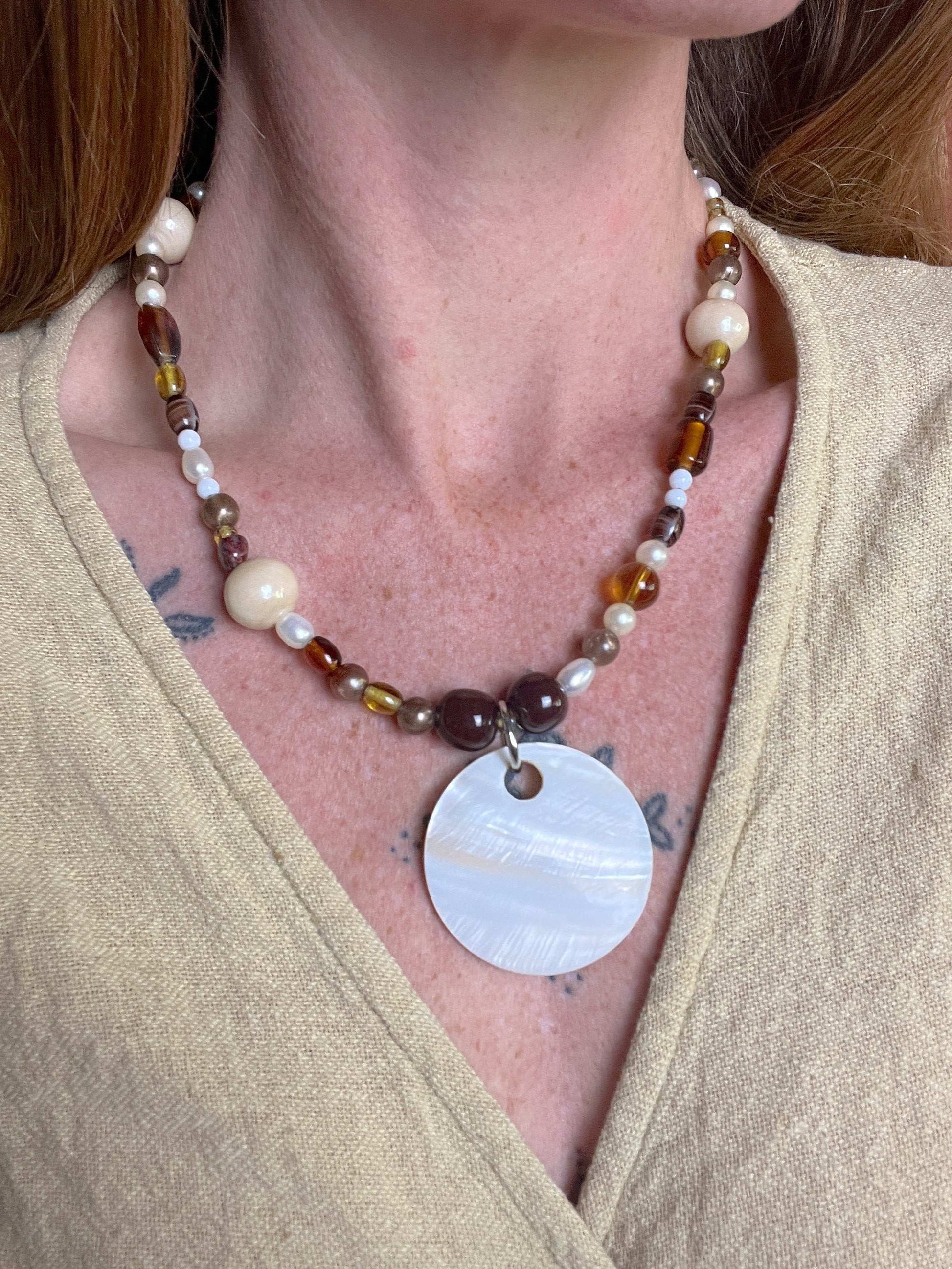 BEADED SUNRAYS Shell Pendant, Fresh Water Pearls, Amber Stone Necklace 19 Inch