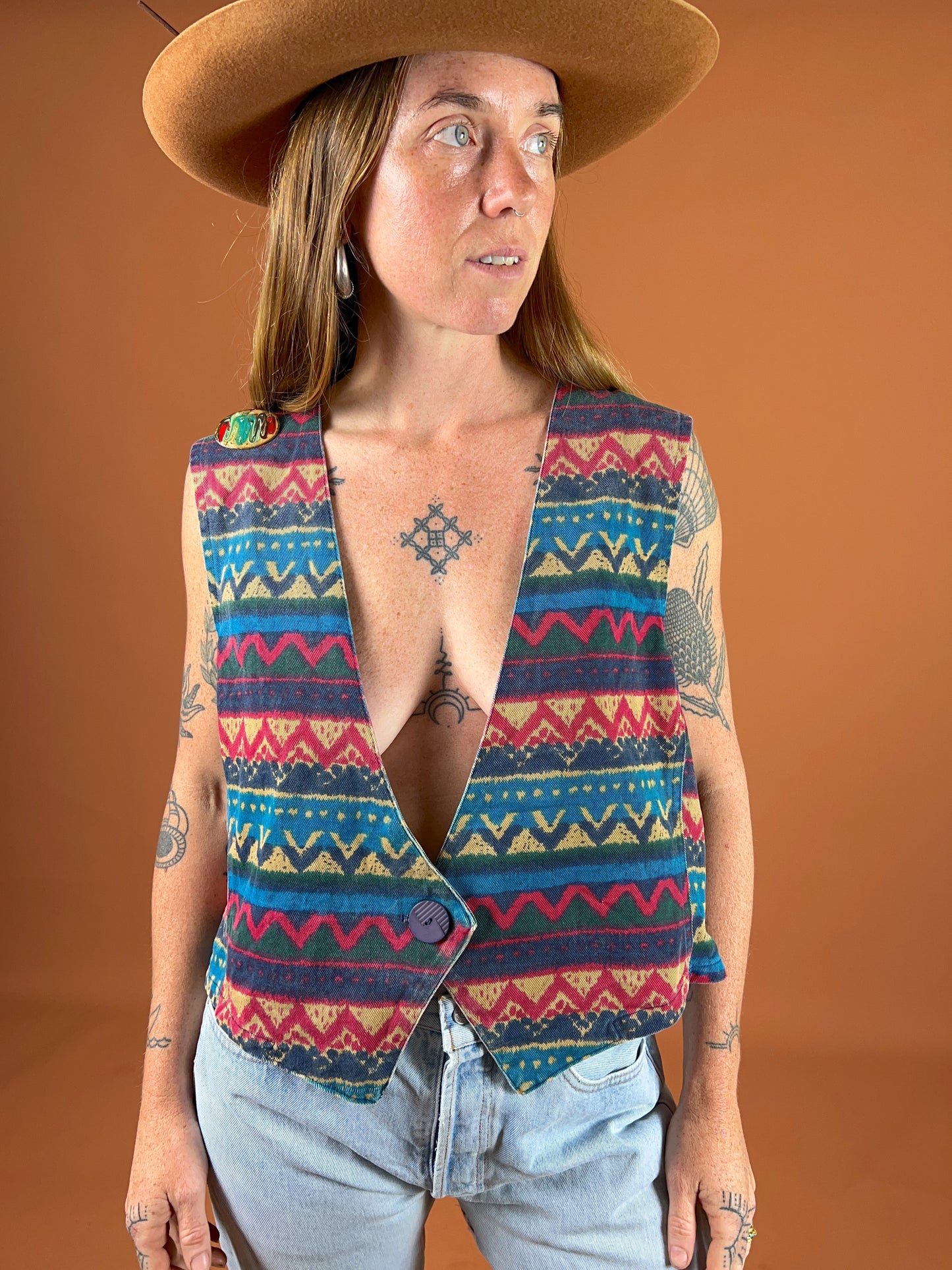 VINTAGE 70's Denim Aztec Print Vest 16