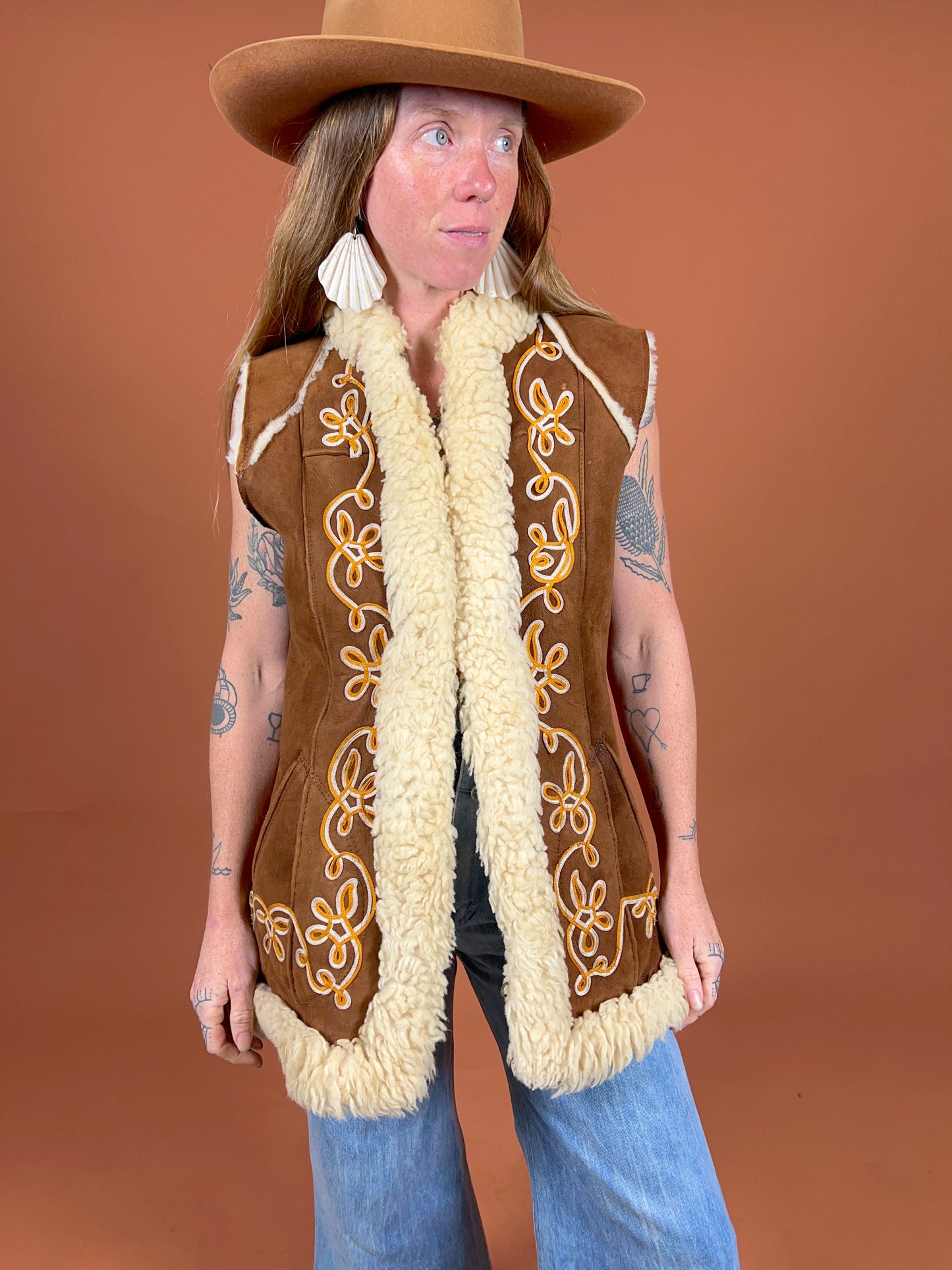 VINTAGE 60's Afghan Embroidered Shearling Vest 10-12