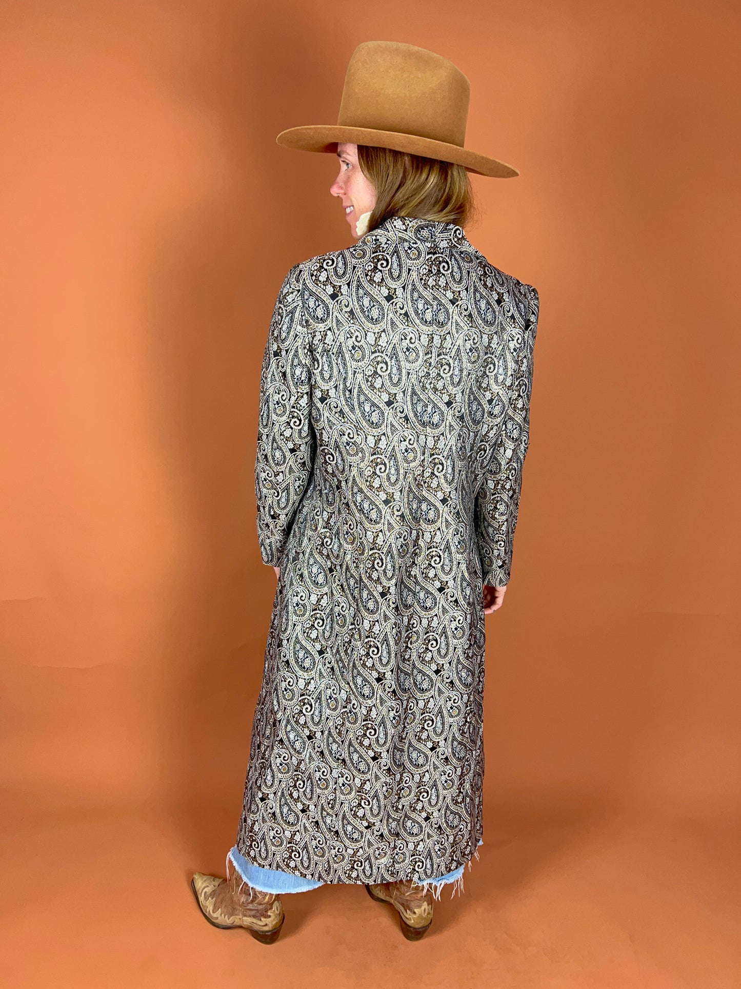 VINTAGE 80's Lurex Brocade Trench Coat 10-12