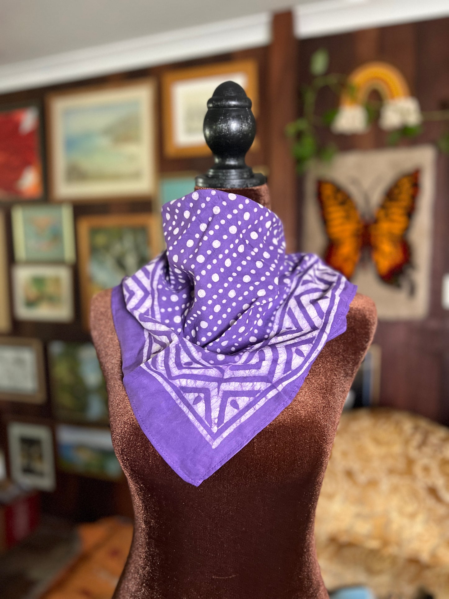 ANJU JEWELLERY Block Printed Bandana - Purple Dots with Chevron Border