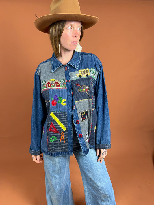 VINTAGE 70's Embroidered Denim Jacket 14-16