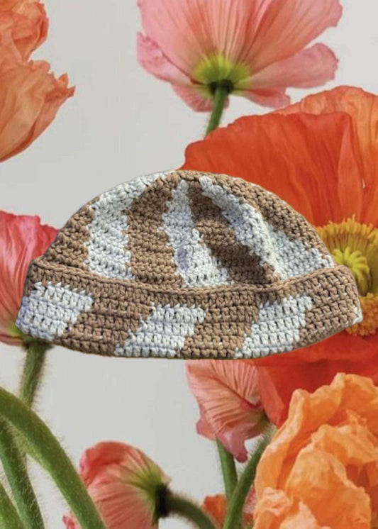 COFFEE MONEY Beige Stripe Cotton Crochet Beanie