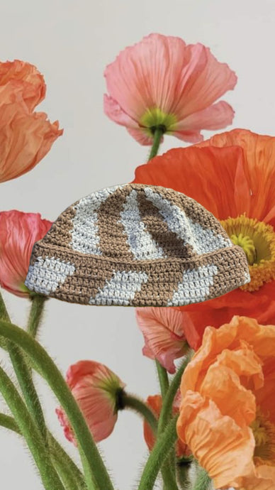 COFFEE MONEY Beige Stripe Cotton Crochet Beanie