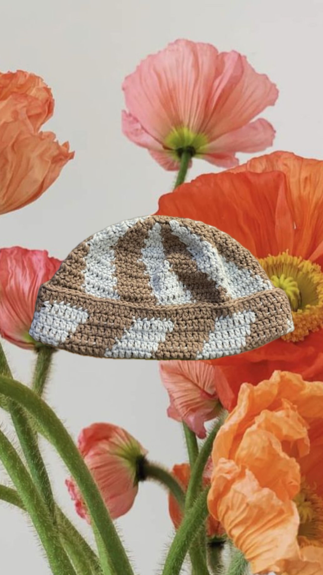 COFFEE MONEY Beige Stripe Cotton Crochet Beanie