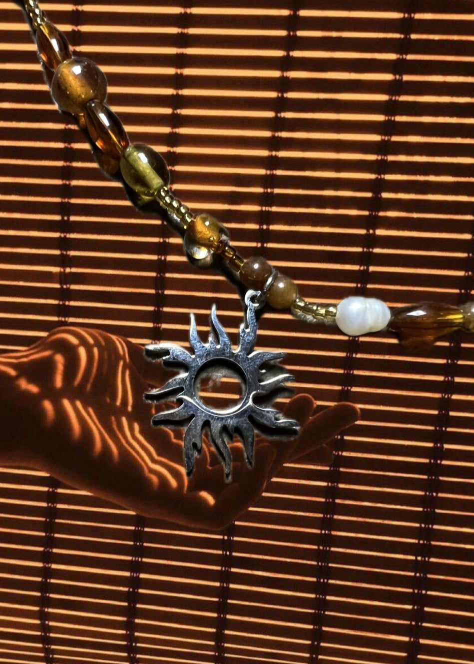 BEADED SUNRAYS Sun Charm, Mix Bead & Fresh Water Pearl Necklace 18 Inch