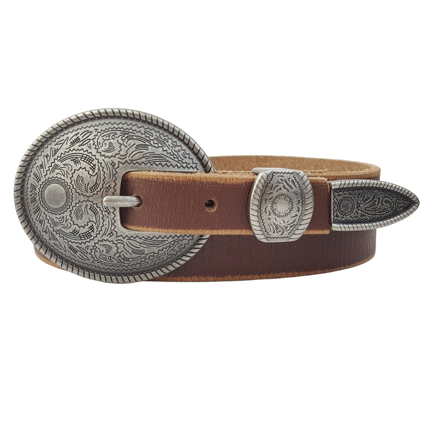 AXESORIA WEST Skinny Leather Belt w. Antique Silver Floral Buckle: Brown