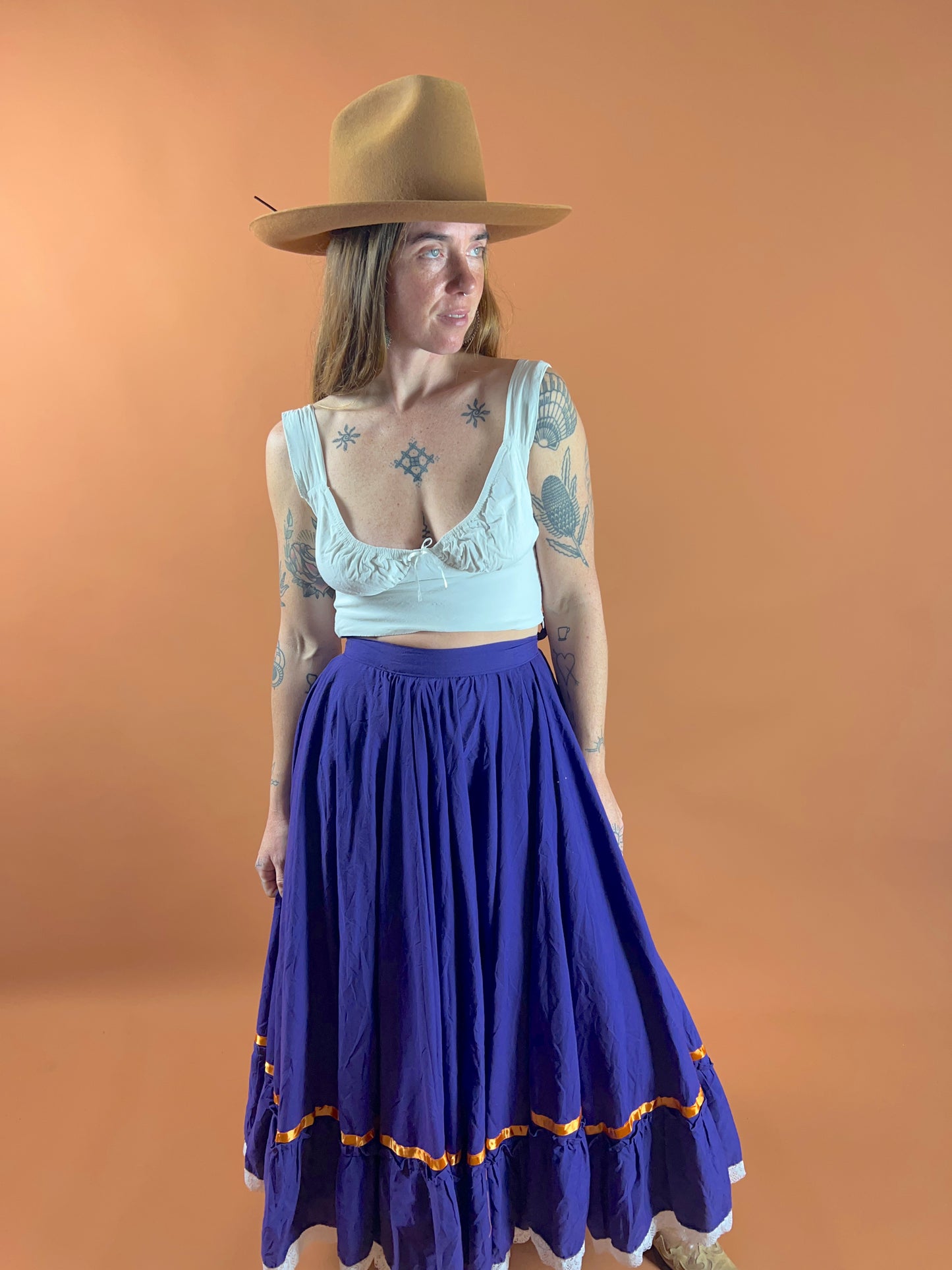 VINTAGE 70's Mexican Cotton & Lace Skirt 6