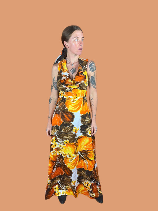 VTG 60's Halter Neck Floral Maxi Dress 10-12