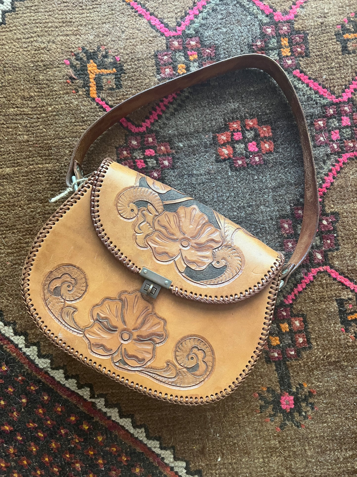 VINTAGE 60's Leather Tooled Bag