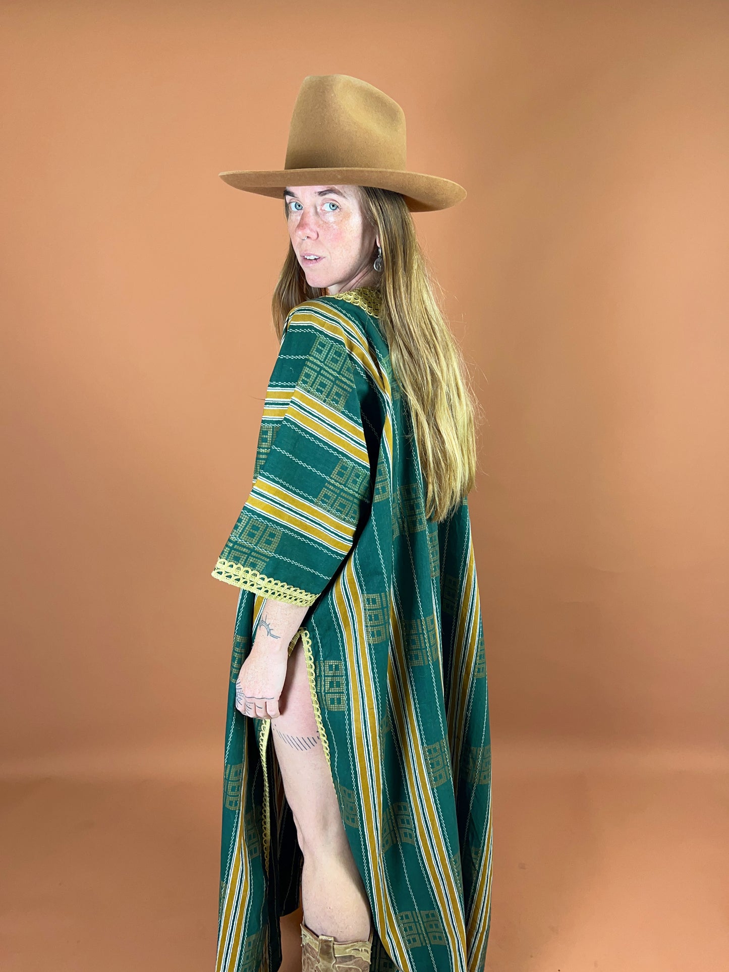 VINTAGE 70's Cotton Stripe Embroidered Kaftan OS