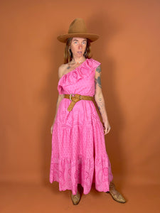VTG 70's/80's Cotton Anglaise One Shoulder Maxi Dress 12-14