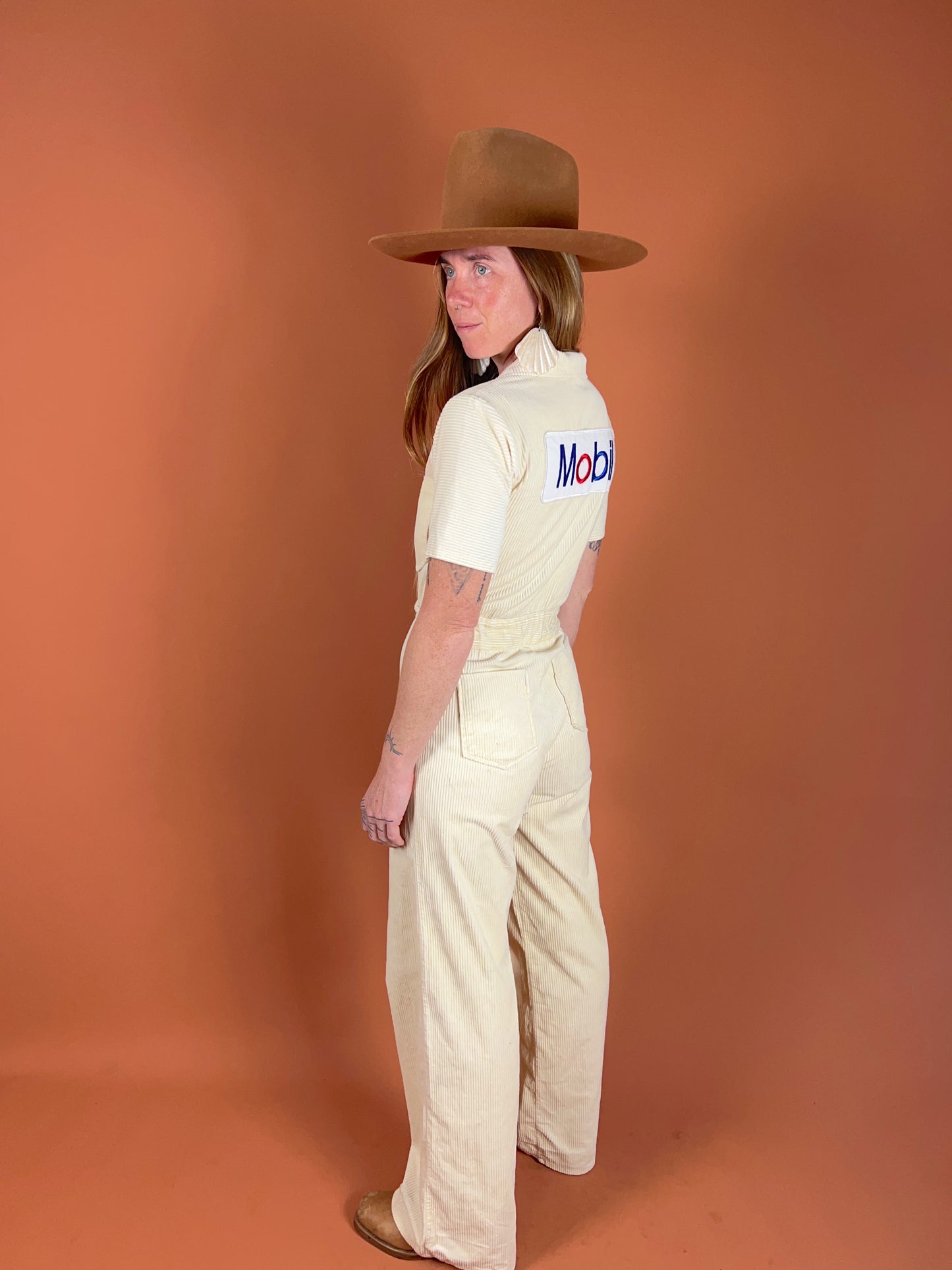 VINTAGE 70's Mobil Cream Cord Cotton Coveralls 6-8
