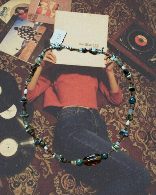 BEADED SUNRAYS Tigers Eye, Freshwater Pearl, Wood & Glass Bead Necklace 17.5”