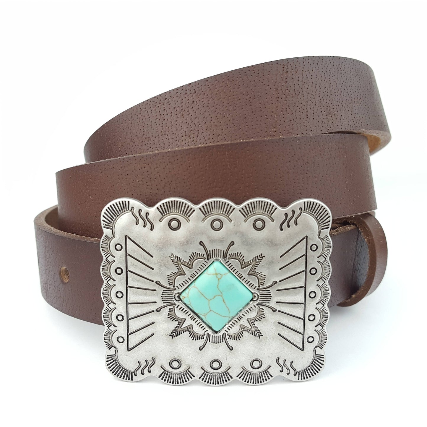 Genuine Leather Skinny Belt with Western Style Buckle Brown