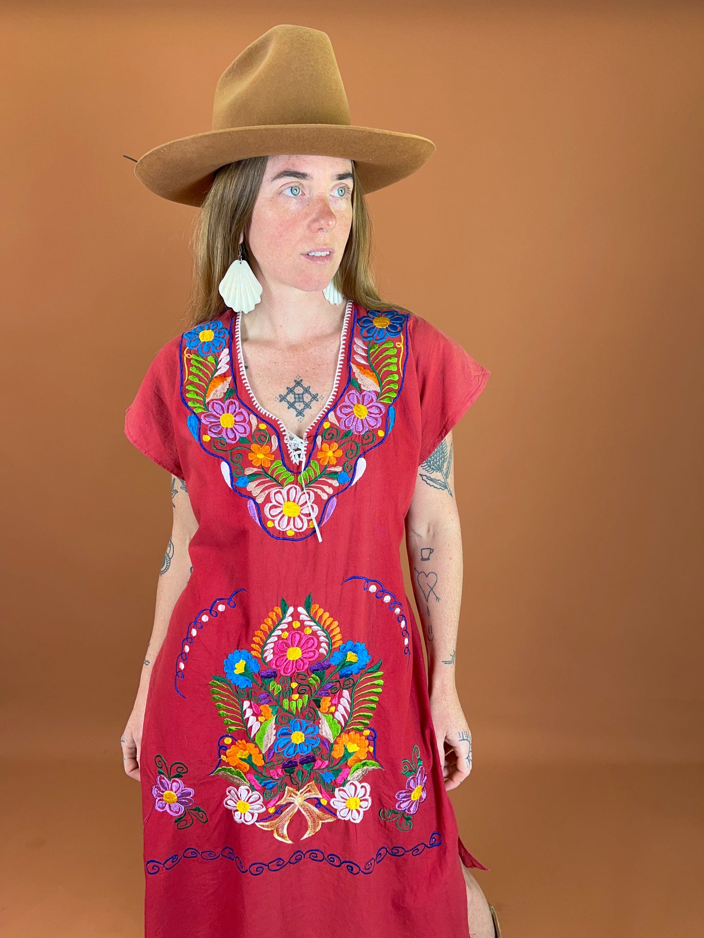VINTAGE 80's Mexican Embroidered Cotton Midi Dress 12-14