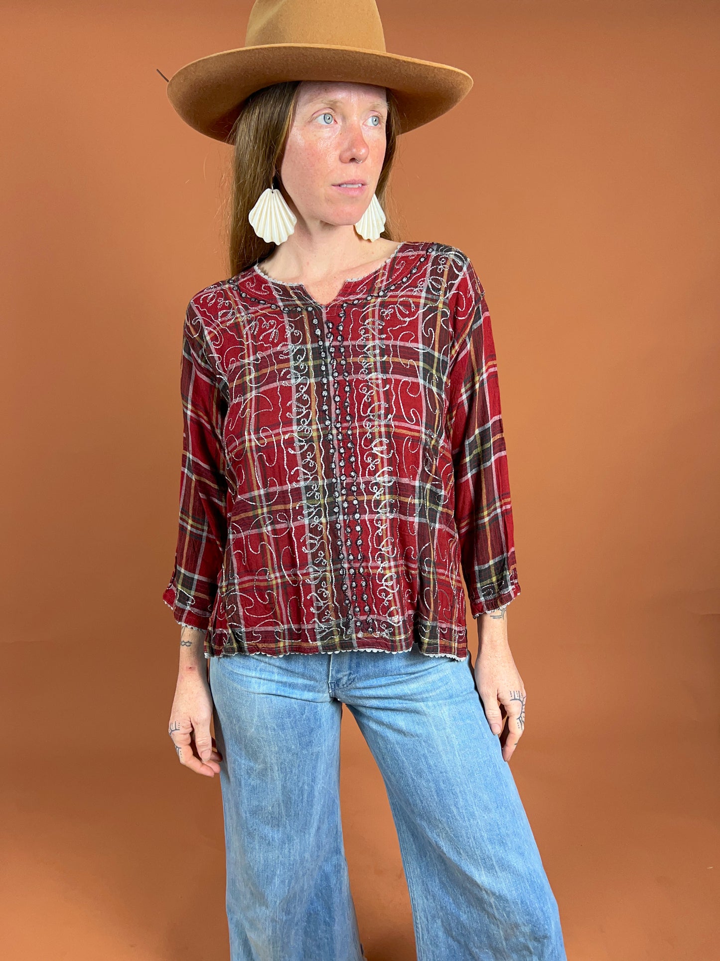 VINTAGE 90's Gingham Embroidered Blouse 12-14