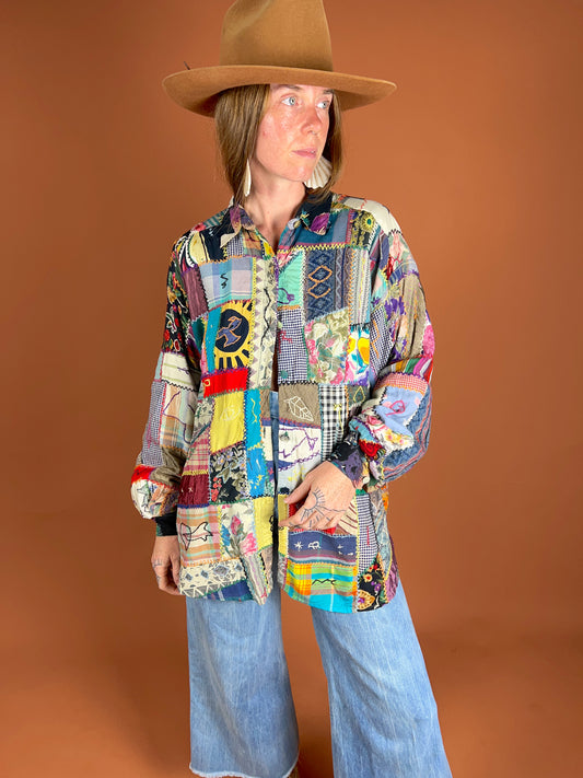 VINTAGE 70's Patchwork Embroidered Shirt 14-16