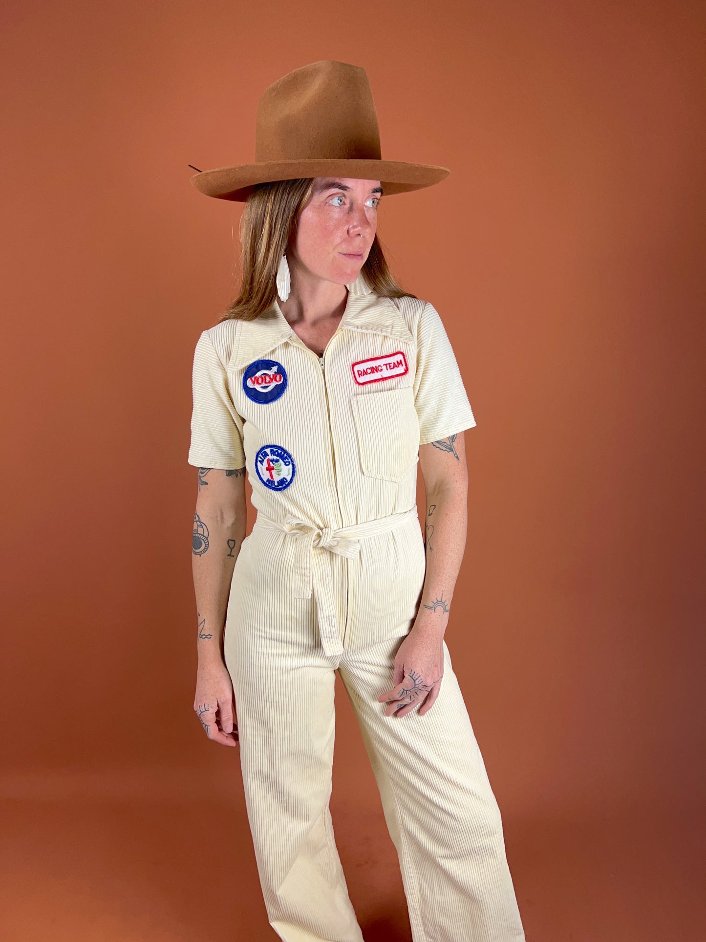 VINTAGE 70's Mobil Cream Cord Cotton Coveralls 6-8