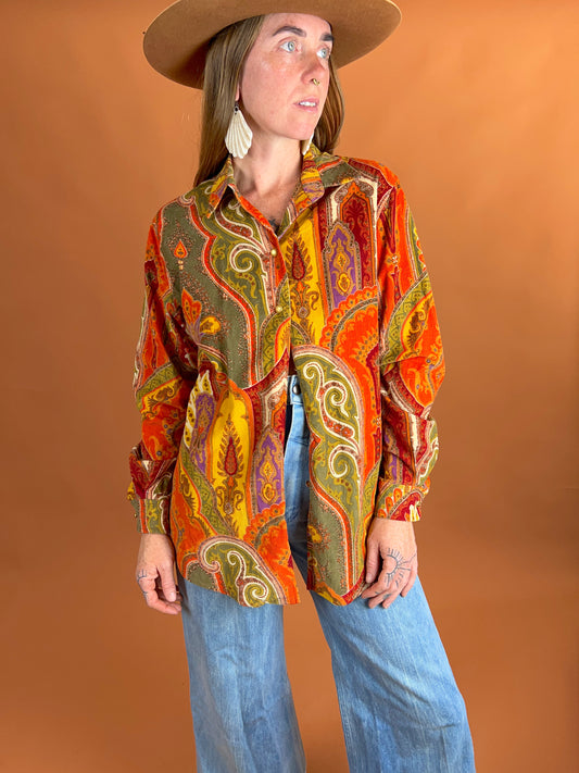 VINTAGE 60’s Paisley Corduroy Shirt 10-12