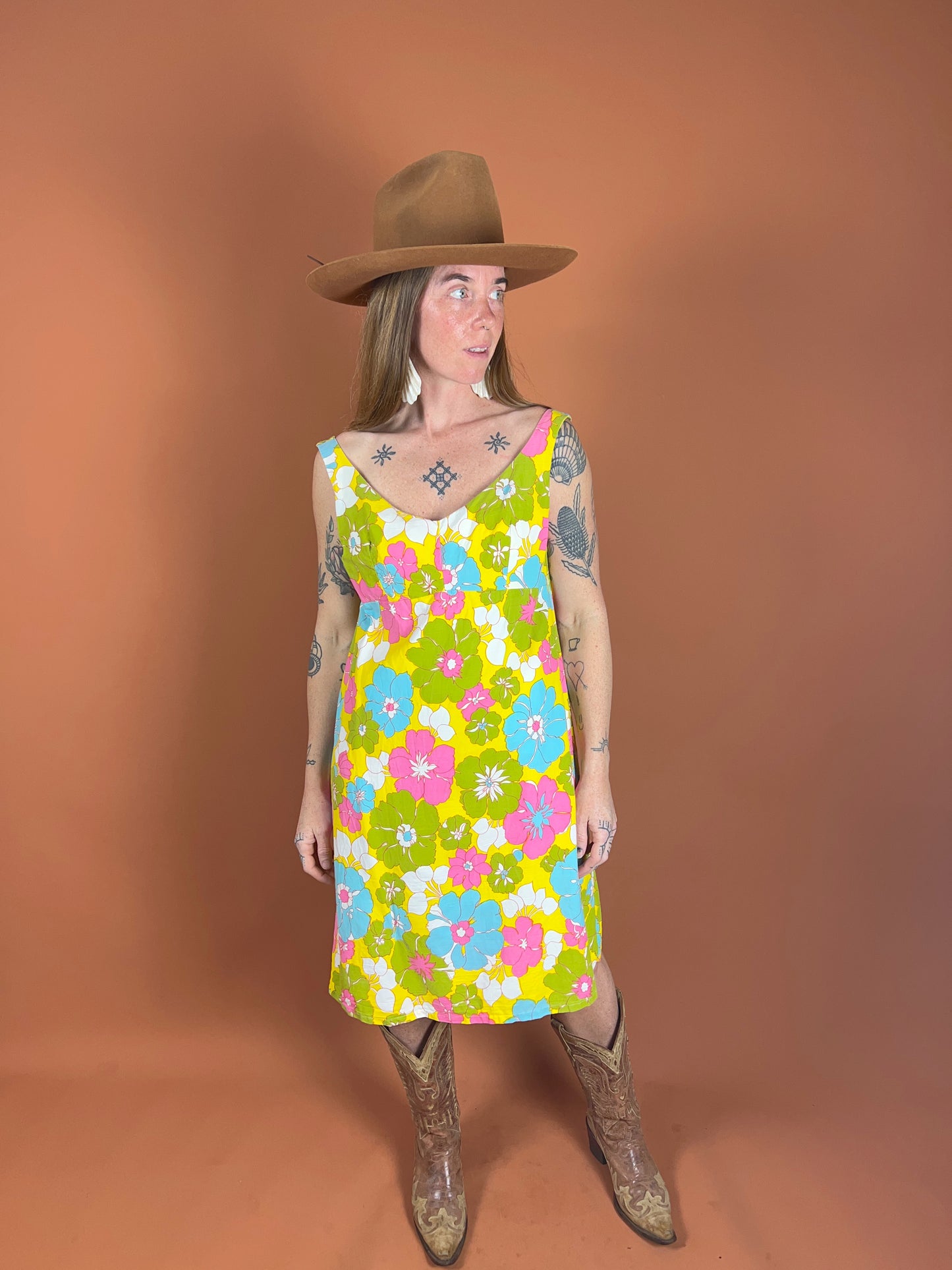 VINTAGE 60's Cotton Floral Yellow Mini Dress 12