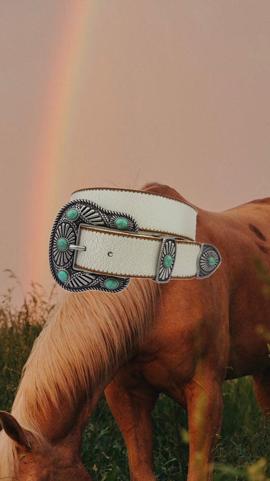 AXESORIA WEST White Leather Belt With Western Buckle