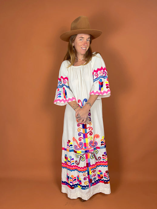 VTG 70's/80's Cotton Bright Embroidered Maxi Dress 14