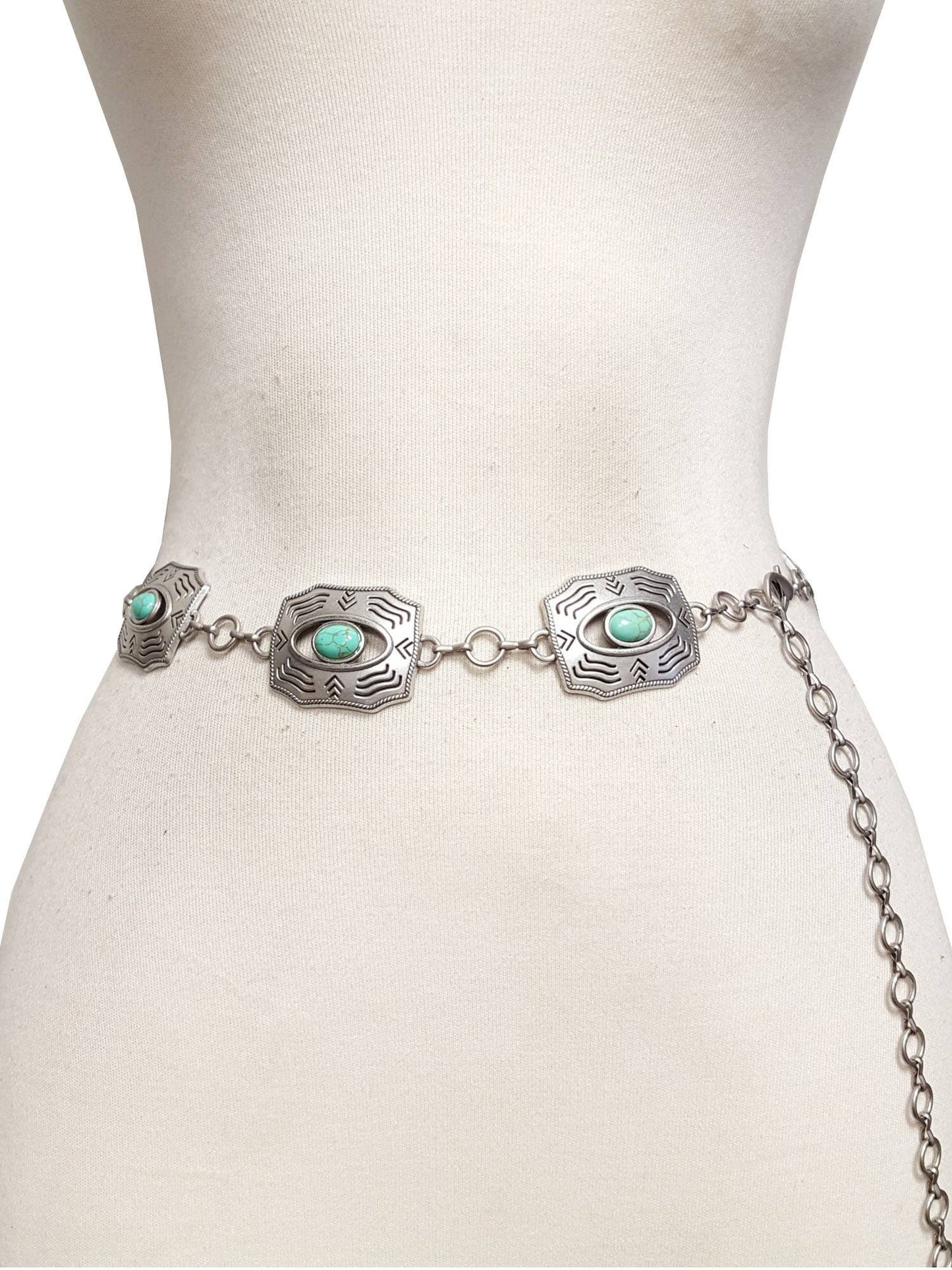 AXESORIA WEST Western Silver Rectangular Concho Chain Belt Turquoise