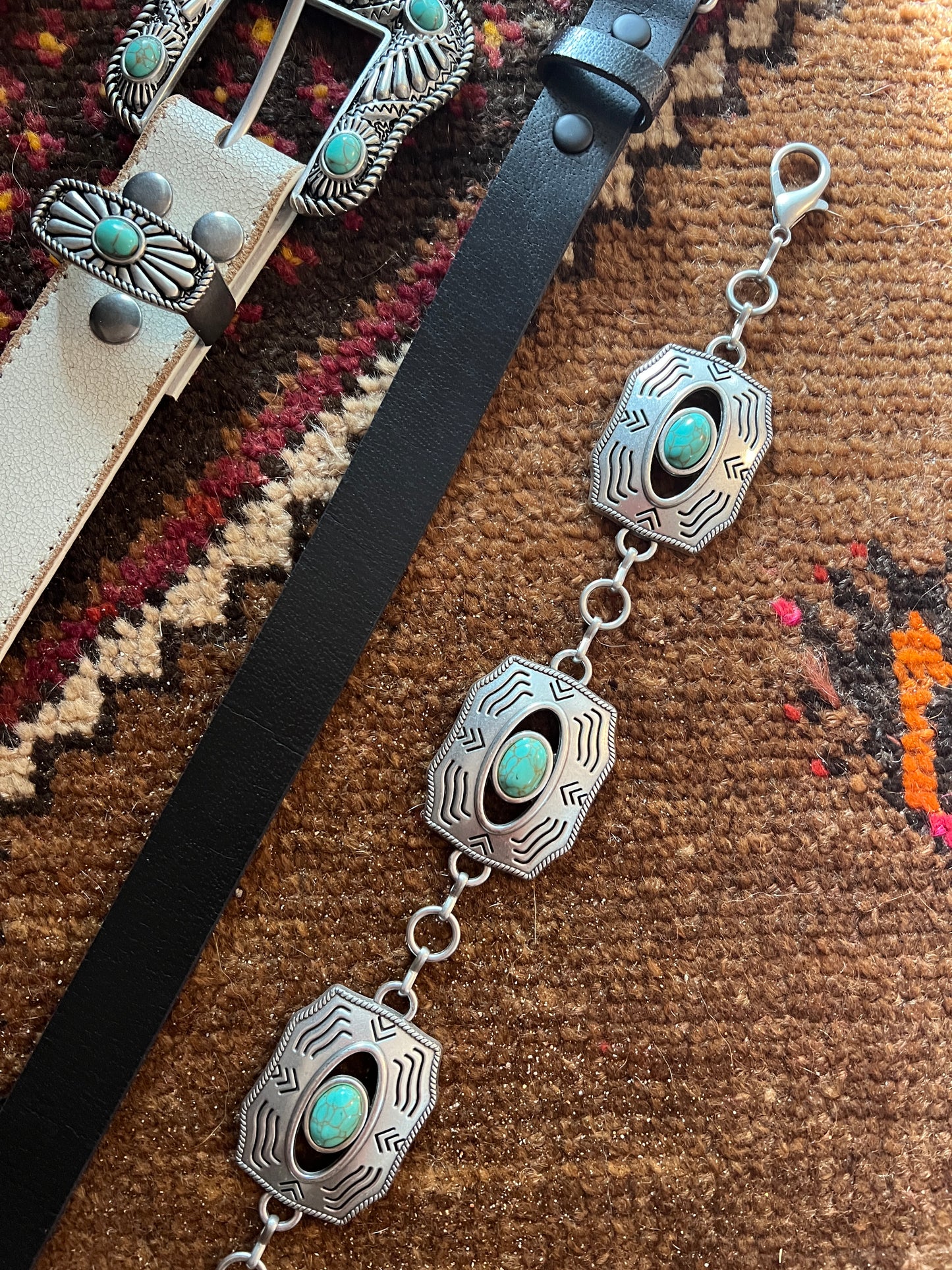AXESORIA WEST Western Silver Rectangular Concho Chain Belt Turquoise
