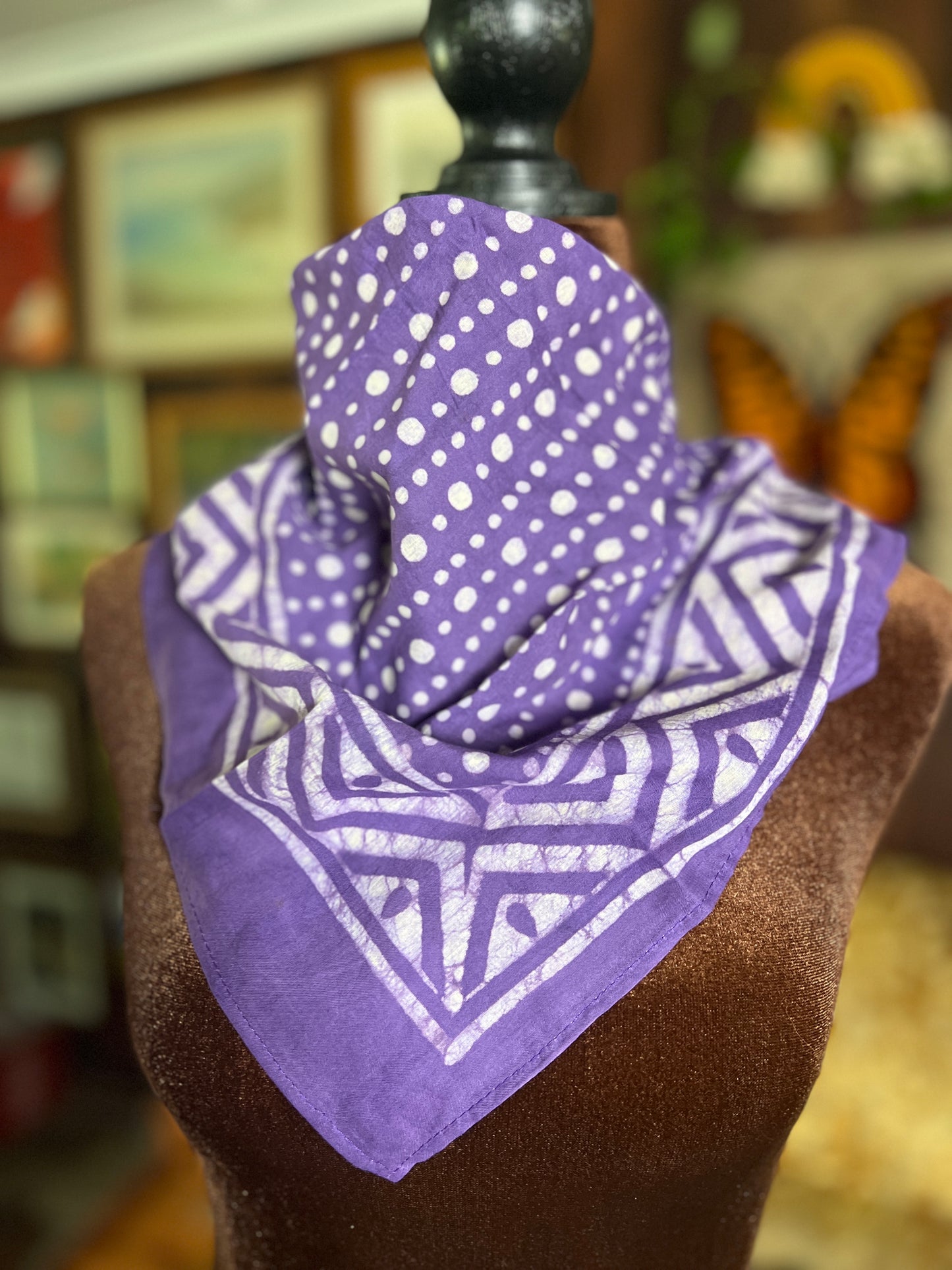ANJU JEWELLERY Block Printed Bandana - Purple Dots with Chevron Border