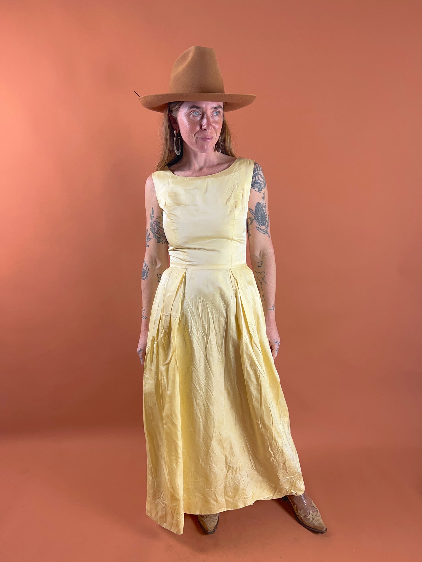 VINTAGE 60's Banana Yellow Silk Maxi Dress 8