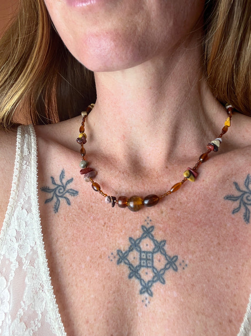BEADED SUNRAYS Mixed Beads, Mookaite, Gemstones, Amber Necklace