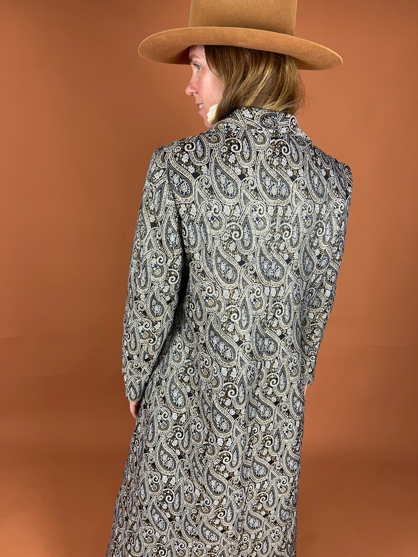 VINTAGE 80's Lurex Brocade Trench Coat 10-12