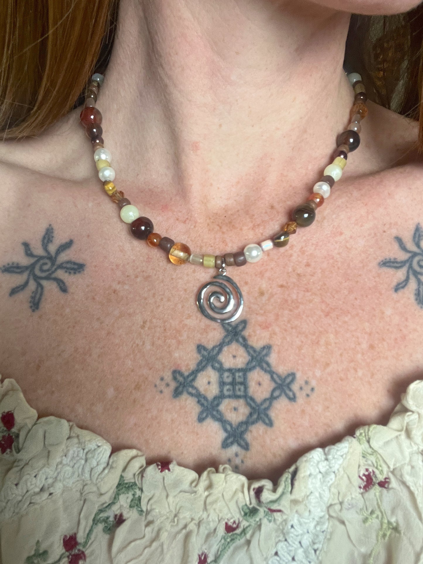 BEADED SUNRAYS Freshwater Pearl, Wood & Glass Bead, Spiral Necklace 17.5”