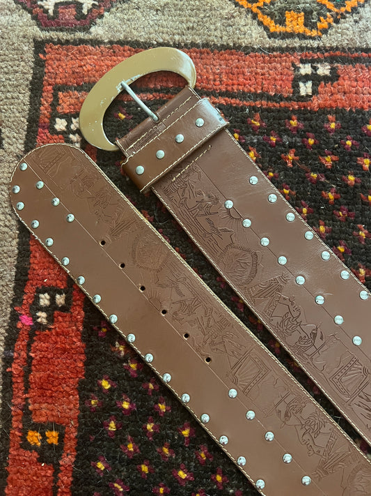 VTG 80's Brown Leather Embossed Belt 10-14