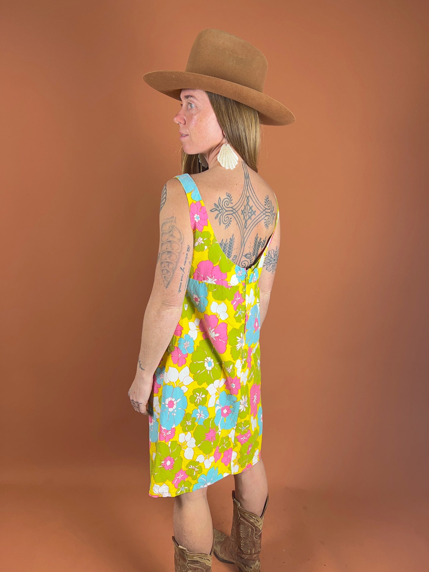 VINTAGE 60's Cotton Floral Yellow Mini Dress 12