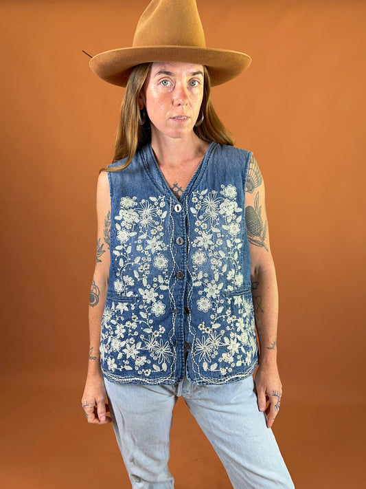 VINTAGE 80's Denim Floral Embroidered Vest 14