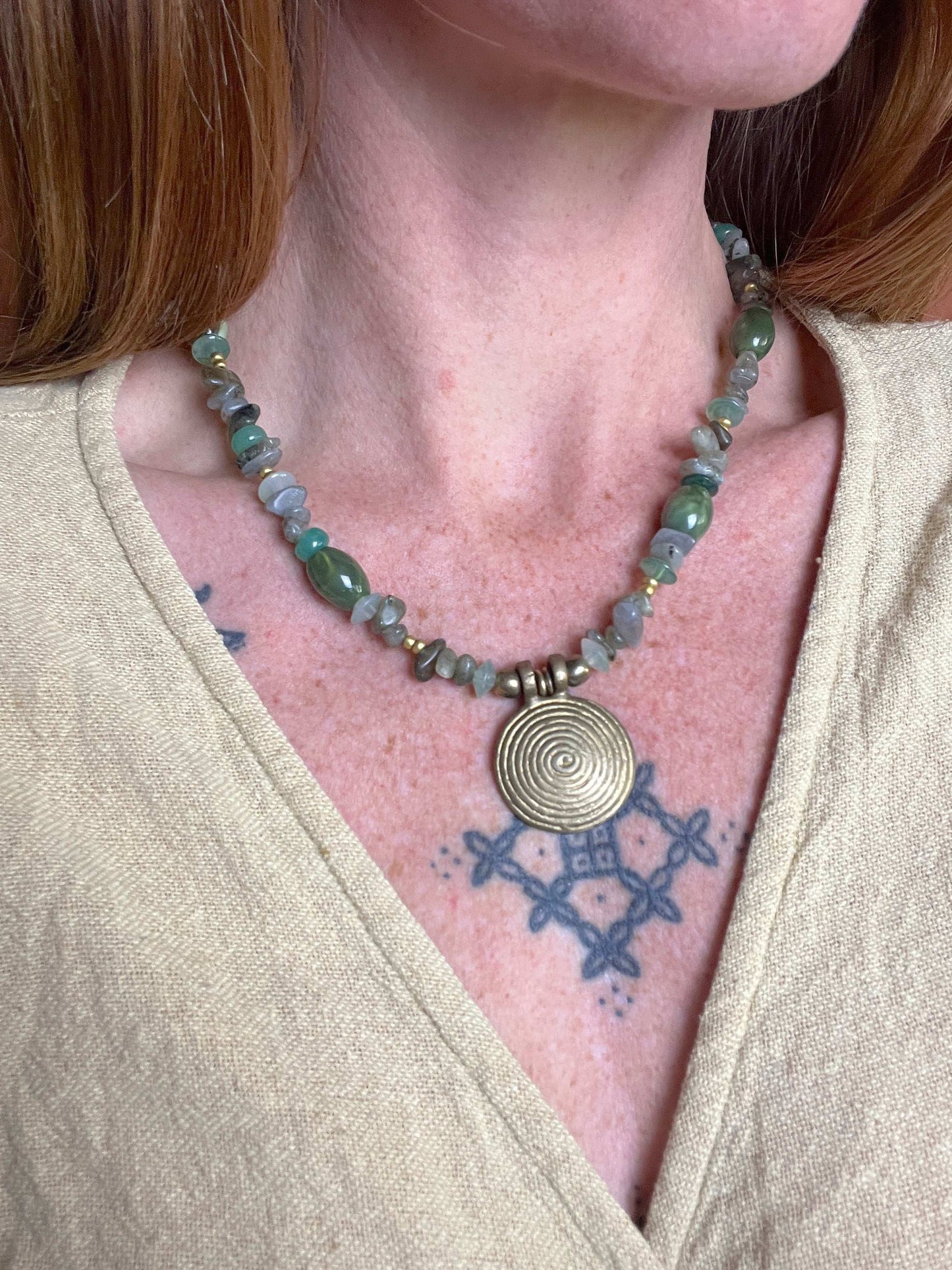 BEADED SUNRAYS Spiral Charm, Labradorite & Mixed Beads Necklace 18 Inch