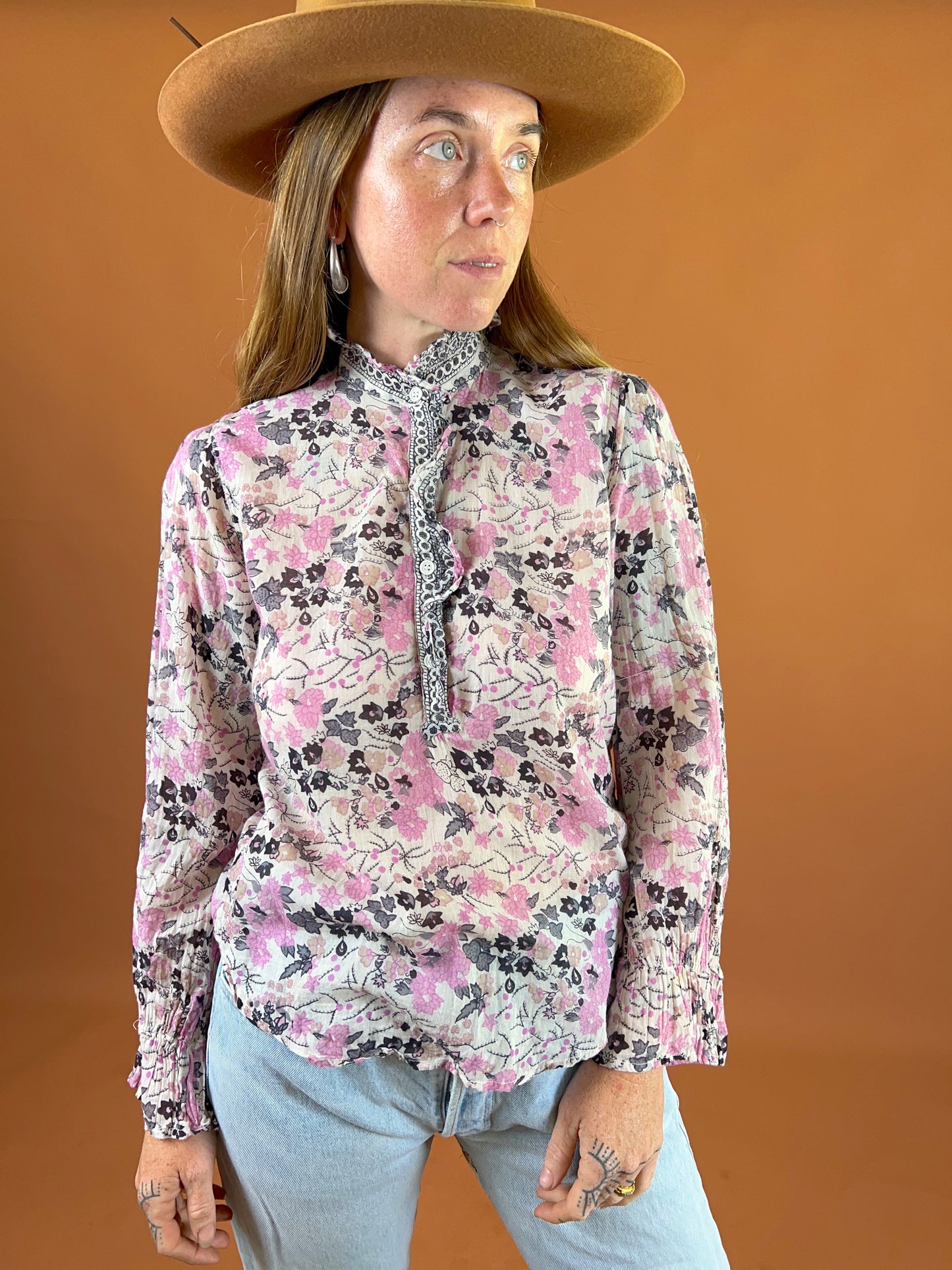 VINTAGE Floral Cotton Voile Blouse 8-10