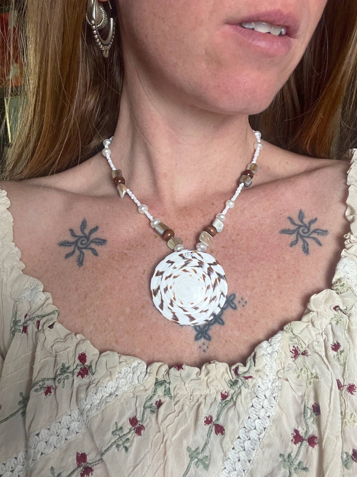 BEADED SUNRAYS Cone Shell, Pearl, Shell Pendant Necklace 18”