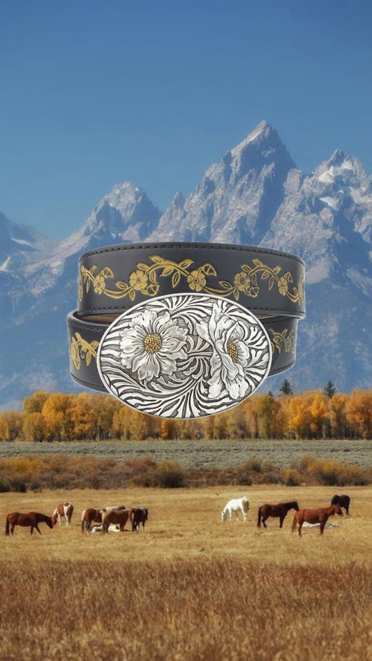 AXESORIA WEST Sunflower Buckle with Floral Tooled Leather Belt Black