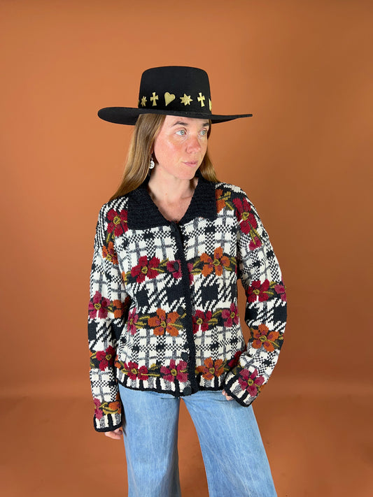 VINTAGE 80's Floral Knit Cardigan 12-14