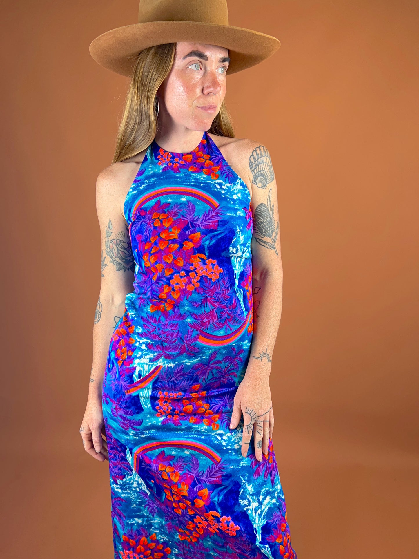 VINTAGE 60’s/70’s Floral Cotton Halter Maxi Dress 6-8